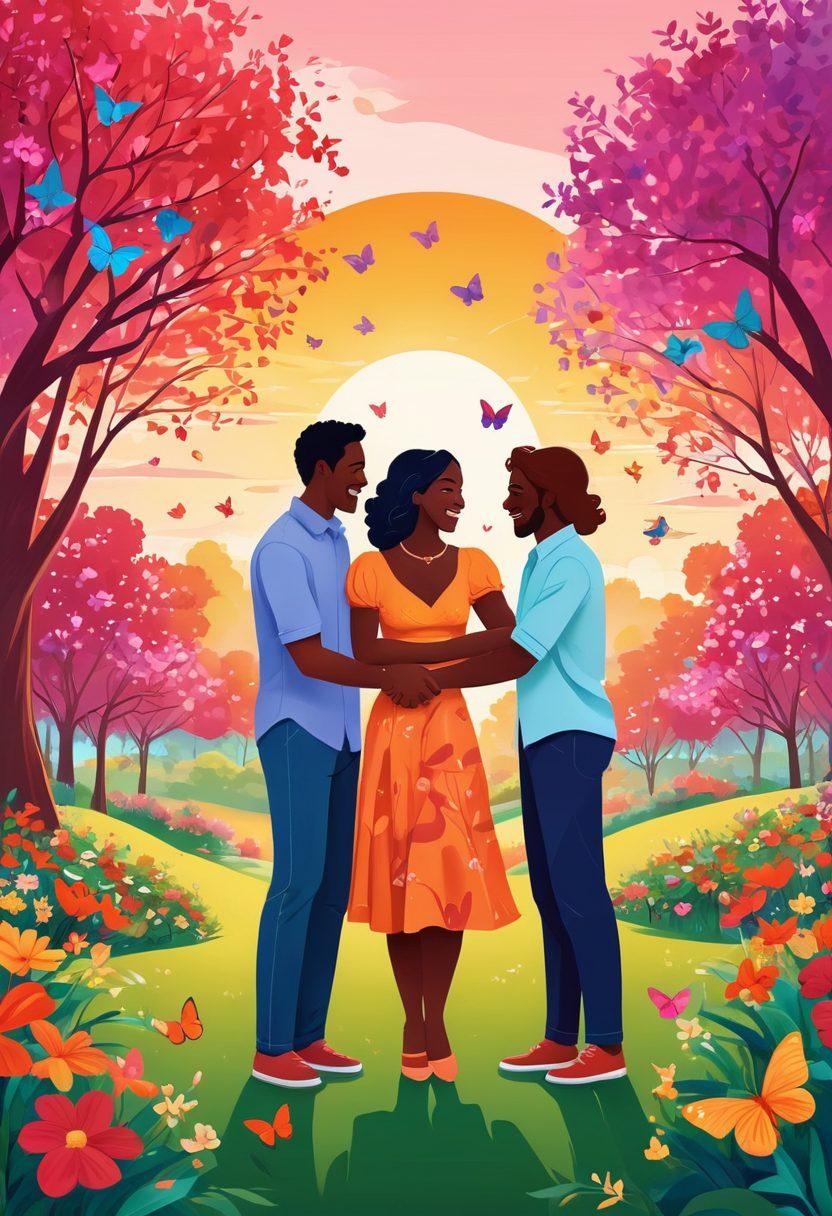 A vibrant illustration of a diverse group of couples celebrating love in a lush park setting, showcasing various forms of affection, including hand-holding and laughter. Include symbols of connection, such as intertwined hearts and colorful butterflies fluttering around, to signify attraction and relationships. The background should feature blossoming flowers and a sunset to evoke a romantic atmosphere. vector art. vibrant colors. 3D elements.