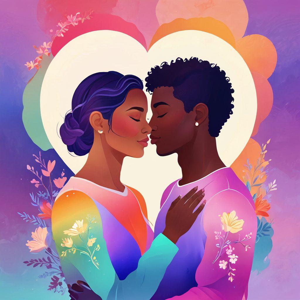 A vibrant, abstract illustration depicting two intertwined figures of diverse backgrounds, symbolizing bisexuality and intimacy. Surround them with soft, glowing hearts and elements of pleasure, like flowers and candles, to evoke warmth and connection. The background features a gradient of pastel colors blending harmoniously. Include textural elements that suggest depth and emotion. digital painting. vibrant colors. soft focus.