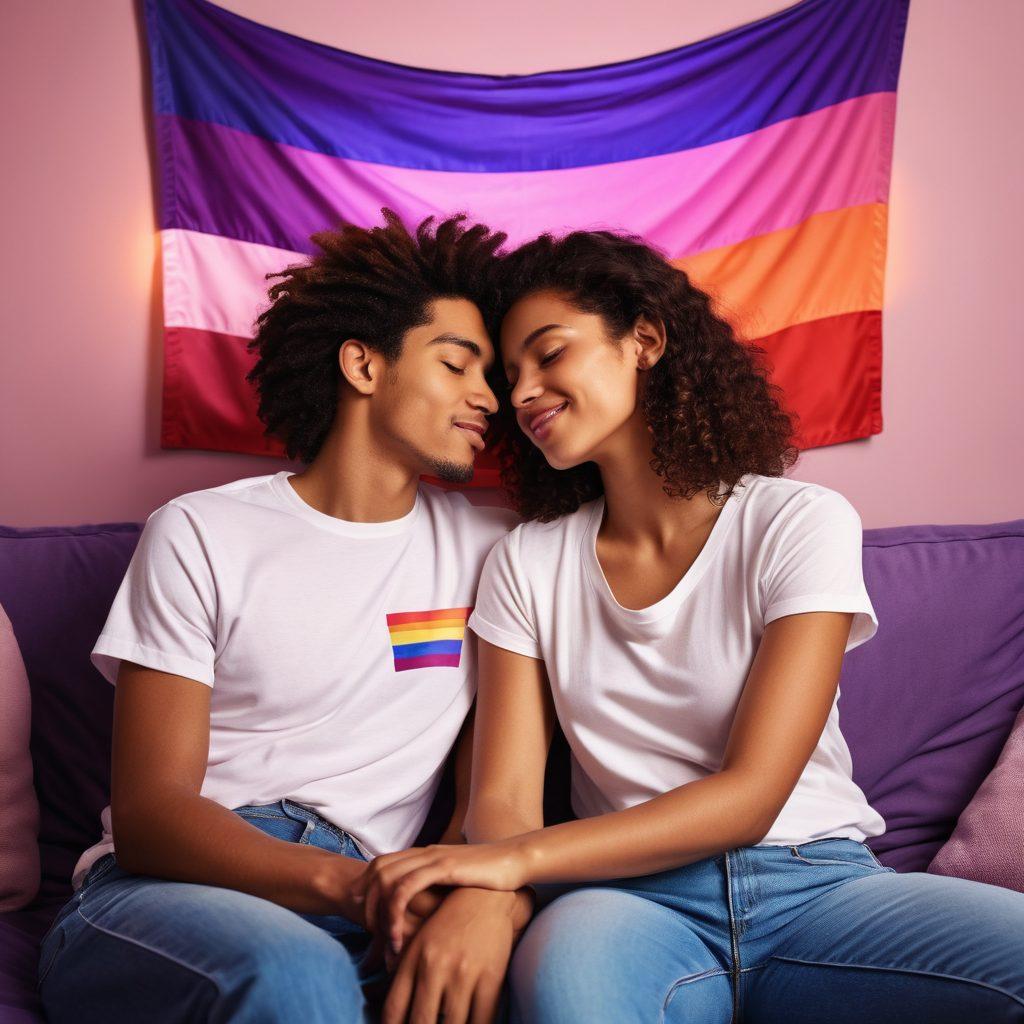 A warm, inviting scene with a diverse group of people enjoying intimate connections, showcasing various expressions of pleasure and emotional bonding. Include elements symbolizing bisexual pride, like the bisexual flag colors subtly integrated into the background or clothing. Highlight a cozy atmosphere with soft lighting and comfortable surroundings that encourages openness and acceptance. Artistic style with fluid lines and a dreamlike quality, capturing the essence of intimacy and connection. vibrant colors. modern illustration.